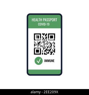 Gesundheitspass COVID-19 auf Handy-Bildschirm mit qr-Code und Häkchen immun. Stock Vektor