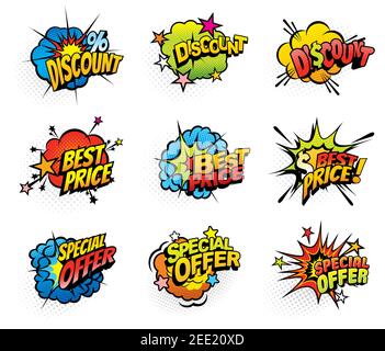 Shopping Sale Sonderangebot Pop Art Bang oder Explosion Blasen. Shop Rabatte, besten Preis und spezielle saisonale Angebote Retro Comic-Ikonen oder Vintage-Profi Stock Vektor