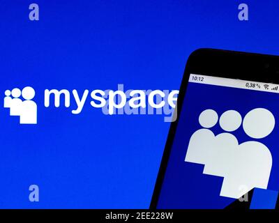 Ukraine. Februar 2021, 15th. In dieser Abbildung wird ein MySpace-Logo auf einem Smartphone angezeigt. Kredit: Igor Golovniov/SOPA Images/ZUMA Wire/Alamy Live Nachrichten Stockfoto