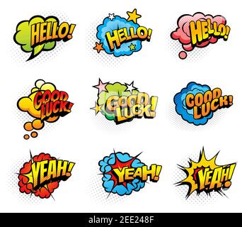 Pop Art retro Ausrufe und Wünsche Sprachwolken und Explosionen Blasen. Hallo Gruß, viel Glück Wunsch und ja laut Ausrufezeichen oder Aufkleber Stock Vektor