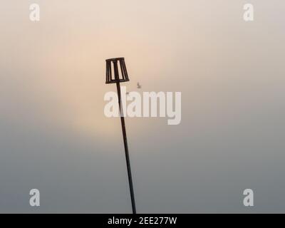 Lange Markierstange am Strand an einem nebligen und nebligen Morgen im Februar an der Südküste Englands gesehen. Stockfoto