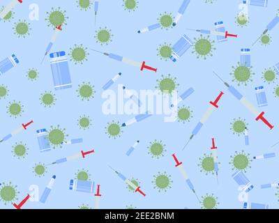 Nahtloses Muster mit Spritzen, Vials und Viruszellen. Coronavirus-Impfstoffflasche und Spritze zur Injektion. Impfung gegen covid-19. Vektorgrafik Stock Vektor