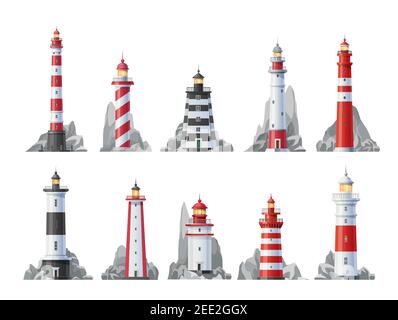 Leuchtturm Vektor-Ikonen Satz von nautischen Türmen mit Leuchtfeuer. Meeresküste oder Meeresstrand Felsen und Leuchtturmgebäude mit blauem, rotem, weißem Streifen Stock Vektor