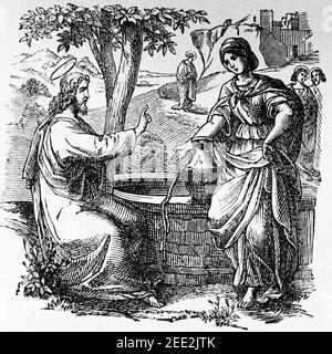 Jesus trifft eine Samaritanerin am Jakobsbrunnen, Szene des Neuen Testaments, Histoire Biblique de L´Ancien Testament, Stockfoto