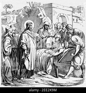 Das Erwachen des jungen Mannes aus Nain von den Toten, Szene des Neuen Testaments, Histoire Biblique de L´Ancien Testament, Stockfoto