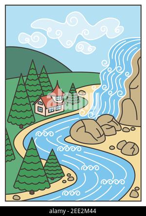 Sommerlandschaft mit schönem Wasserfall, Fluss, Wald und Haus gegen den blauen Himmel. Vektorgrafik EPS10. Stock Vektor