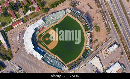 Luftaufnahme des Francisco Carranza Limón Stadions. Gesamtansicht des Algodoneros Stadions in Guasave, Sinaloa Mexiko. Guasave Mexiko. Am 7. Februar 2021 in Guasave, Mexiko. (Foto von Luis Gutierrez/Norte Photo/) Vista aérea del Estadio Francisco Carranza Limón. Vista General del estadio Algodoneros en Guasave, Sinaloa México. Guasave México. el 7 de febrero de 2021 en Guasave, México. (Foto von Luis Gutierrez / Foto Norte /) Stockfoto