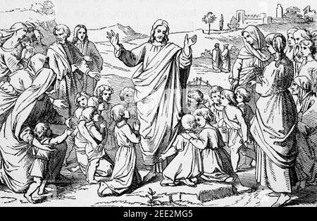 Jesus segnet kleine Kinder, Szene des Neuen Testaments, Histoire Biblique de L´Ancien Testament, Stockfoto