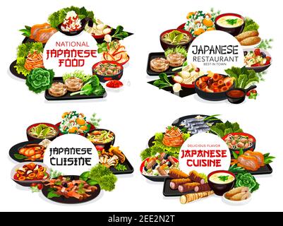 Japanische Küche Restaurant Mahlzeiten rund Banner. Japanische Gerichte mit Meeresfrüchten, gebratenes Huhn und Schweinefleisch, Wurzelgemüse Salate, Mahlzeiten mit en Stock Vektor