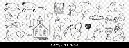 Religiöse Symbole aus bibel Doodle Set. Sammlung von handgezeichneten jesus Tiere bibel Buch heiligen Wein in Krug Engel und christentum ostern und festliche Attribute isoliert auf transparentem Hintergrund Stock Vektor