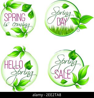 Hello Spring isolierte Icons Design mit Frühlingszitaten. Isolierte florale Symbole der grünen blühenden Trauben mit Blättern und Gras Feld oder Rasen für s. Stock Vektor