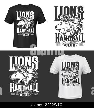 Lion T-Shirt-Print, König der Tiere Vektor Maskottchen für Handball-Club. Schwarz-weiß Bekleidungsmockup mit Löwenkopf. Sportuniform, T-Shirt activewear t Stock Vektor