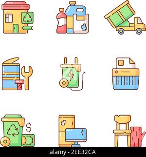 Garbage Collection RGB-Farbsymbole eingestellt Stock Vektor