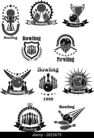 Bowling Meisterschaft Wettbewerb und Spiel Turnier Cup Awards Design. Vektor-Vorlage Symbole Set von Bowling-Ball und Kittle Pins, Gewinner Trophäe Lorbeer w Stock Vektor
