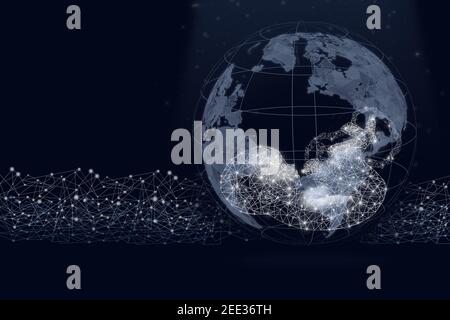 Planet Hologramm mit einem Baby im Inneren auf dunkelblauem Hintergrund. Genetische Analyse, Schwangerschaftsplanung, künstliche Befruchtung. Stockfoto