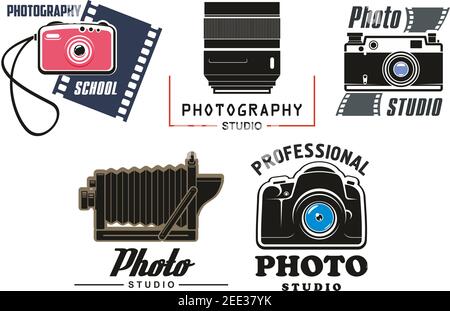 Fotostudio Vektorsymbole eingestellt. Isolierte Symbole der digitalen und retro-Kamera Objektiv mit Blitz und fotografische Filmkassette für professionelle Photograp Stock Vektor