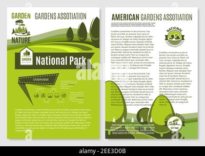 Landschaft und Gartenbau Unternehmen Vektor Broschüren oder Plakate für Gartengestaltung Design Vereinigung von Park Bäume und Pflanzung Service. Outdoor-Natu Stock Vektor