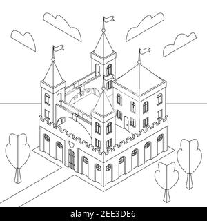 Isometrie eines märchenhaften mittelalterlichen Schlosses gegen eine Sommerlandschaft. Malbuch. Antistress. Vektorgrafik EPS10. Stock Vektor