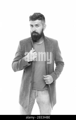 Wie gefällt Ihnen mein Stil? Bärtige Hipster brutale Person. Lässiges Outfit. Schule der guten Manieren. Tipps und Tricks schöner Mann. Attraktiv und hübsch. Bärtig und hübsch. Selbstverbesserungskonzept. Stockfoto