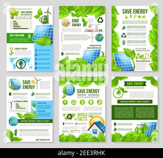 Energiesparposter-Vorlagensatz. Sonnenkollektoren, Windturbine, grünes Haus, Glühbirne und Globus mit grünem Blatt, Recycling, Baum und Industrieanlage symb Stock Vektor