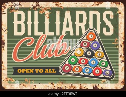 Billard Pool Snooker Club, Metallplatte rostig oder Vektor-Retro-Poster mit Kugeln in Dreieck auf dem Tisch. Snooker Pool Billard Club Turnier und comp Stock Vektor