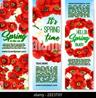 Hallo Frühling und Happy Springtime Holidays Vektor-Banner mit Gruß Zitate, Blumensträuße und blühenden Frühling Mohnblumen. Roter Mohn, Orchidee o Stock Vektor