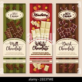 Schokolade Verpackung Vektor-Design-Set für schwarze, weiße und dunkle Schokoladen-Bars mit Kakao-Anteil. Banner oder Pralinen Bars und Stücke mit Stroh Stock Vektor