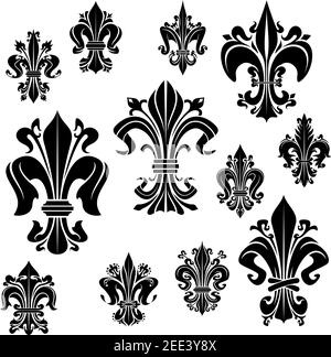 Fleur-de-LIS Vektor-Ikonen der heraldischen königlichen Lilie Blume Französisch kaiserlichen Epoche Symbol. Isolierte Fleur de lys florieren kunstvoll heraldrische Blütenblätter für florale Stock Vektor