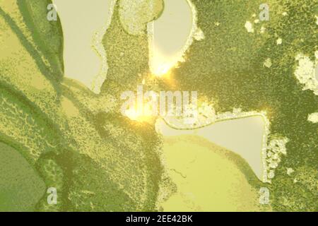 Hellgrünes und goldenes Marmormuster mit Glitzern. Abstrakter Vektor-Hintergrund in Alkoholtinte Technik. Moderne Farbe mit Glitzer. Vorlage für Bann Stock Vektor