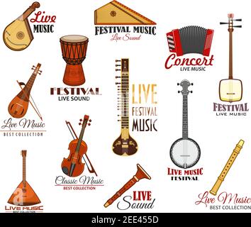 Vektorsymbole für Live-Musik-Festivals. Concert fest isoliert Labels von Musikinstrumenten Akkordeon Mundharmonika, Balalaika und Flöte oder Pfeife, Geige Violine Stock Vektor