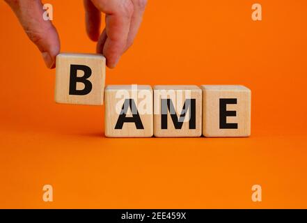 BAME-Symbol. Abkürzung BAME, schwarz, asiatisch und Minderheit ethnisch auf Holzwürfel. Schöner orangefarbener Hintergrund. Speicherplatz kopieren. Business und BAME, schwarz, A Stockfoto