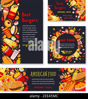 Fast-Food-Restaurant Vektor-Poster und Banner-Set. Fastfood Burger Vielfalt, Snacks und Mahlzeiten, pommes Frites und Hot Dog Sandwich, Pizza und Popcorn Stock Vektor