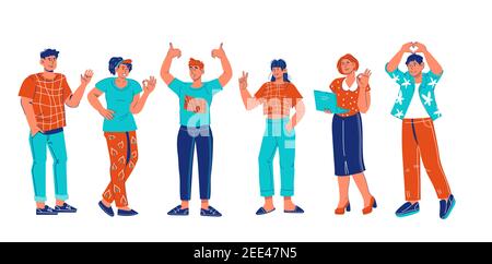 Business-Team oder Studenten Gruppe steht mit Grußgesten, Cartoon-Vektor isoliert. Stock Vektor