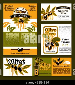 Olivenölprodukte und Bio-Produkte Banner und Poster. Vektor-Design von schwarzen Oliven Zweig und grünen Oliven extra natives Öl Ernährung informati Stock Vektor