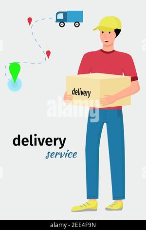 Lieferservice. Vector, ein Mann liefert Nahrung. Lieferung von Paketen und Bestellungen, Frachttransport. Ein Mann mit einem Kasten, ein Kurier. Flache Abbildung, c Stock Vektor