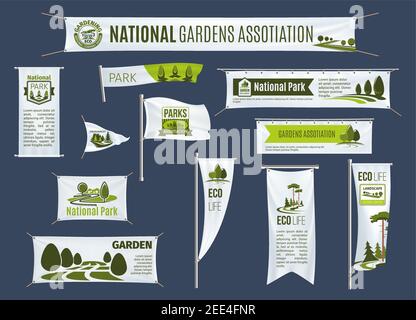 Gartenverein und Nationalparks Gartenarbeit Organisation auf Banner Plakatwände, Fahnen oder Bänder und Schilder. Vektor-Design für Green eco envir Stock Vektor