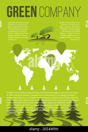 Green Natur und Umwelt Unternehmen Broschüre Vorlage. Vektor Wald Bäume und Park Gärten Grün in der Weltkarte für Gartenarbeit oder Pflanzung infog Stock Vektor