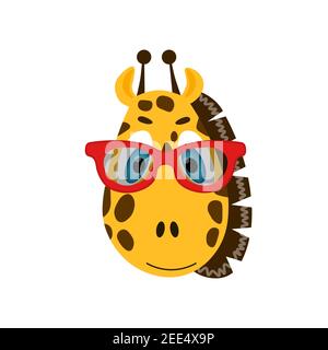 Bunte niedliche Vektor Giraffe Gesicht in Sonnenbrille. Ein Objekt auf weißem Hintergrund. Cartoon flache Illustration. Emoji lustiges Tier. Peinliches Lächeln Stock Vektor