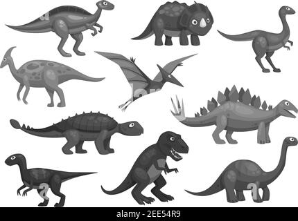 Dinosaurier oder Dino jurassic Zeichentrickfiguren von t-rex Tyrannosaurus, Brontosaurus und Triceratops Eidechse, Pterosaur oder Pterodactyl Vogel. Vector isola Stock Vektor