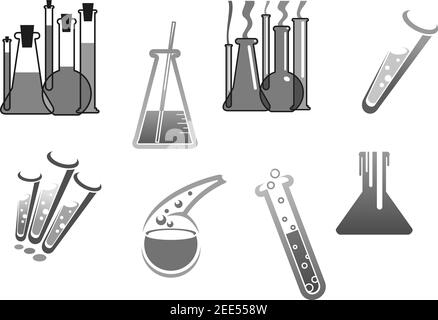 Symbole für chemische und chemische Röhrchen und Fläschchen. Chemische Glasflaschen mit Reagenzien für die Laboruntersuchungen. Medizinische pharmazeutische oder Öl Bioche Stock Vektor