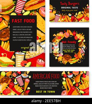 Fast Food Vektor Banner und Plakate Set für Restaurant. Vorlagen Set von Pizza, Burger und Sandwiches Mahlzeit, Popcorn und pommes frites Snacks oder Eis c Stock Vektor