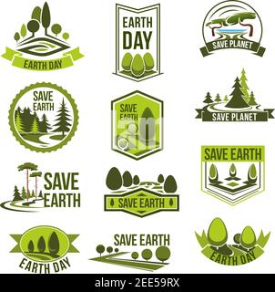 Earth Day, Save Planet Eco Badge-Set. Wald und Park Baumlandschaft, saubere Natur, Wald und Grasfeld grüne Ikone mit Band Banner. Umgebung Stock Vektor