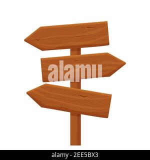 Holz Wegweiser, zeigt mit Richtung in Cartoon-Stil isoliert auf weißem Hintergrund. Wild West, ui Assets Design. Leere Planke, Banner mit Pfeil deta Stock Vektor