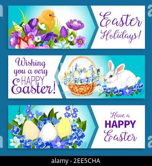 Osterfeiertage Ostereier jagen, Hase und Küken in Weidenkorb. Frohe Ostern Banner Design von Frühlingsblumen Krokussen, Narzissen und Tulpen oder w Stock Vektor