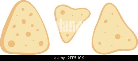 Tortilla Chips mit Dips, Nachos gelb gesetzt isoliert auf weißem Hintergrund. Doodle flache handgezeichnete Vektor-Illustration. Stock Vektor
