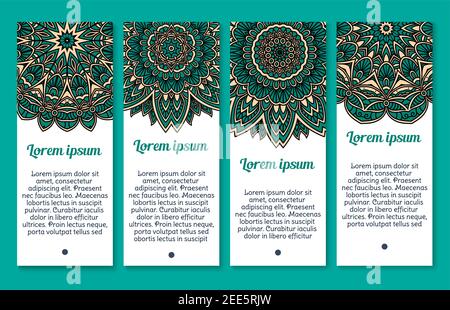 Mandala oder Paisley Banner mit Muster und indische Blume oder florieren buddhistische Ornament Dekoration. Vektor-Vorlagen für Geschäfts- oder Grußkarten Stock Vektor