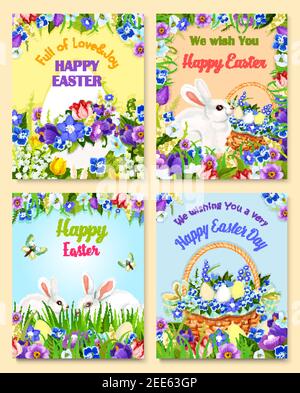 Frohe Ostern Grußkarten. Vektor Osterjagd Design von Eiern und Hase. Strauß Frühlingsblumen Narzisse, Krokusse, Narzissen und Lilie Tulpen in w Stock Vektor