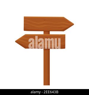 Holz Wegweiser, zeigt mit Richtung in Cartoon-Stil isoliert auf weißem Hintergrund. Wild West, ui Assets Design. Leere Planke, Banner mit Pfeil deta Stock Vektor