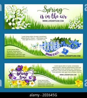 Hallo Frühling Banner für Frühlingsferien. Vector Frühling in Air Gruß Design von Blumen Bündel oder Kranz Blumensträuße mit Krokussen, vergessen-mich-nots Stock Vektor