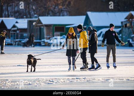 Prag, Tschechische republik - 14. Februar 2021. Gruppe von Freunden Eislaufen auf gefrorenem Fluss mit Hund an der Leine Stockfoto